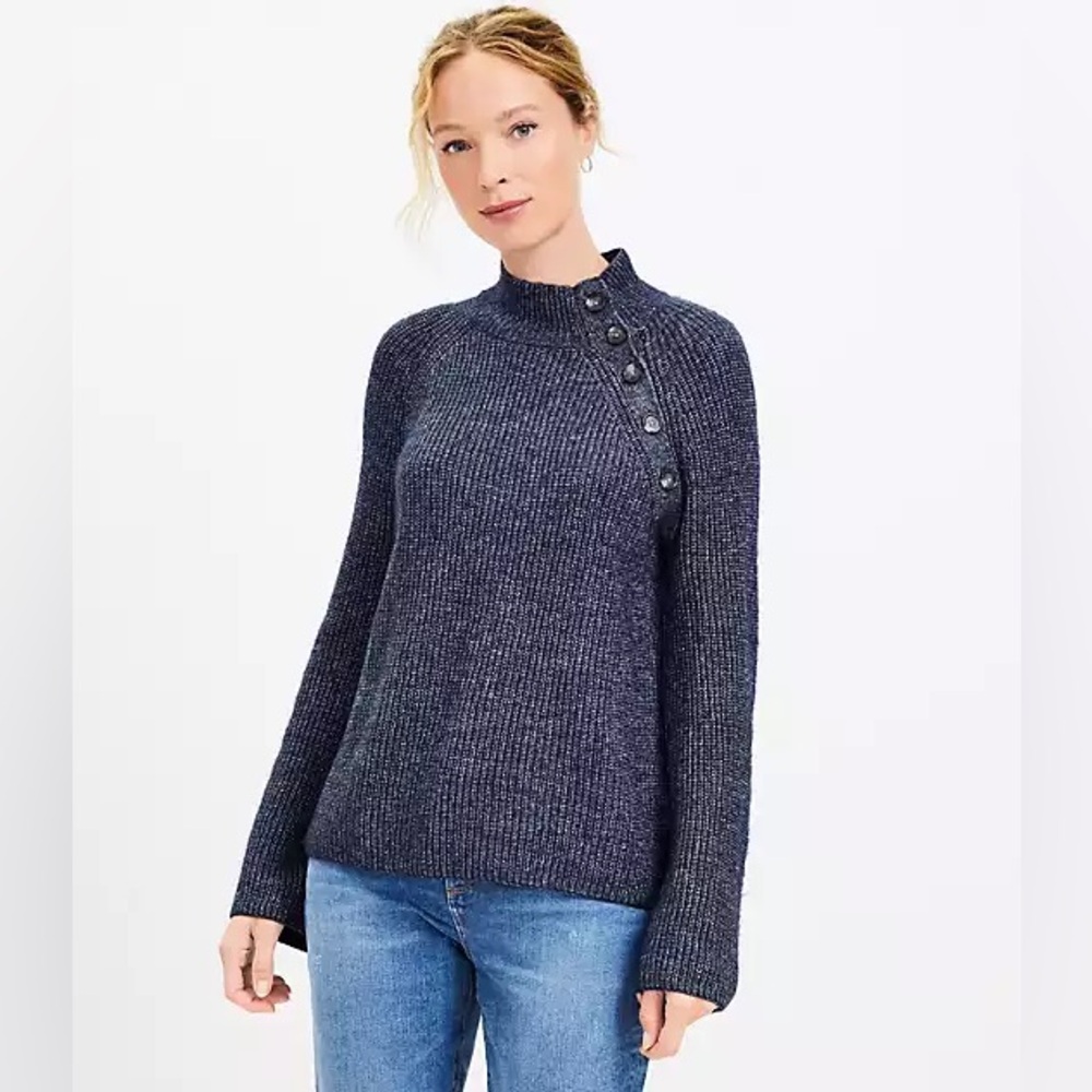 LOFT Dark Blue Button-Accent  Ribbed Button Neck Flare Sleeve Sweater NWT